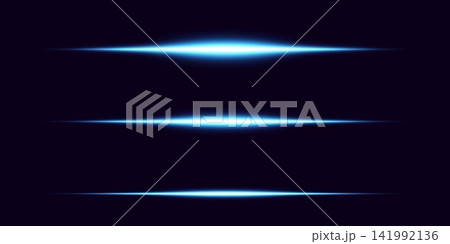 Three horizontal blue light streaks moving fast on a dark background 141992136