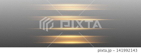 Golden light streaks creating horizontal speed lines effect on transparent background Golden light streaks creating horizontal speed lines effect on transparent background 141992143