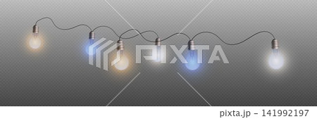 String of bright light bulbs illuminating with different warm and cool colors 141992197
