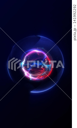Red and blue energy core inside glass orb, futuristic abstract visual with neon plasma and digital depth. Red and blue energy core inside glass orb, futuristic abstract visual with neon plasma and digital depth. 141992292