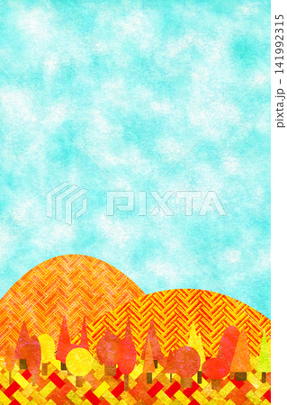 和風文様の紅葉の山の背景　縦長 141992315