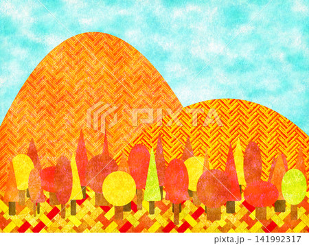 和風文様の紅葉の山の背景 141992317