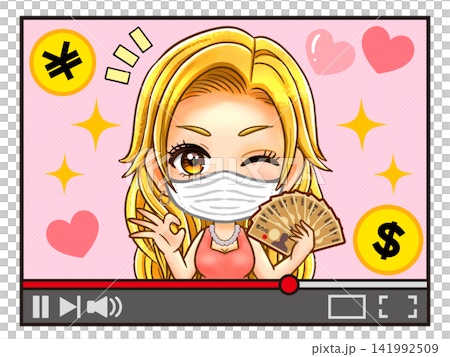 5 幅透過視訊直播賺錢的女性Q版人物插畫。 141992509