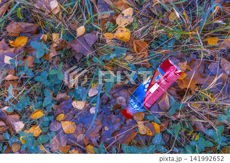 Crushed plastic bottle discarded among autumn leaves and grass on damp forest floor, top-down scene Crushed plastic bottle discarded among autumn leaves and grass on damp forest floor, top-down scene 141992652