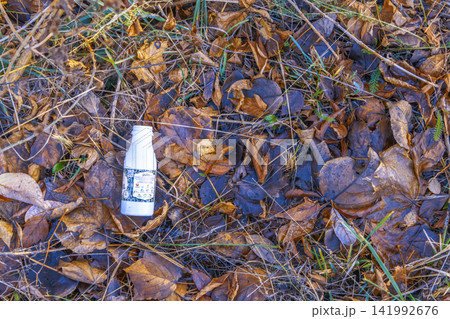 Discarded plastic bottle lying among dry autumn leaves on forest floor, viewed from above Discarded plastic bottle lying among dry autumn leaves on forest floor, viewed from above 141992676