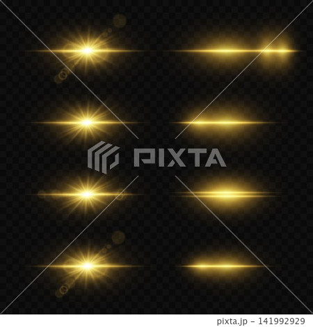 Golden light effects creating abstract horizontal flares and stars on transparent background Golden light effects creating abstract horizontal flares and stars on transparent background 141992929
