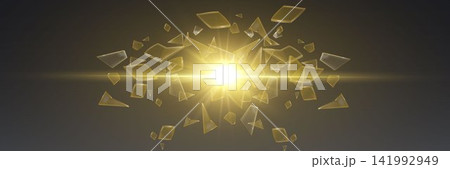 Broken glass fragments flying outwards from a central bright golden light burst 141992949