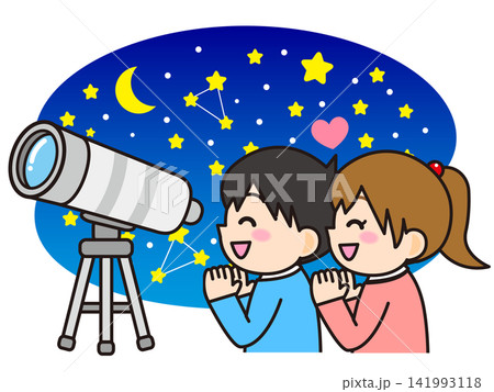 天体観測する男の子と女の子のイラスト素材3 天体観測する男の子と女の子のイラスト素材3 141993118