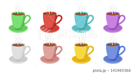 Hot drink cup icon set collection in flat colorful style. Coffee or tea mug with steam vector illustration on isolated background. Healthy beverage sign business concept. Hot drink cup icon set collection in flat colorful style. Coffee or tea mug with steam vector illustration on isolated background. Healthy beverage sign business concept. 141993368