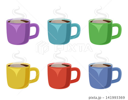 Hot drink cup icon set collection in flat colorful style. Coffee or tea mug with steam vector illustration on isolated background. Healthy beverage sign business concept. Hot drink cup icon set collection in flat colorful style. Coffee or tea mug with steam vector illustration on isolated background. Healthy beverage sign business concept. 141993369