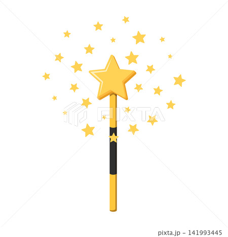 Magic wand icon in flat style. Fairy golden rod vector illustration on isolated background. Magician fantasy stick sign business concept. 141993445