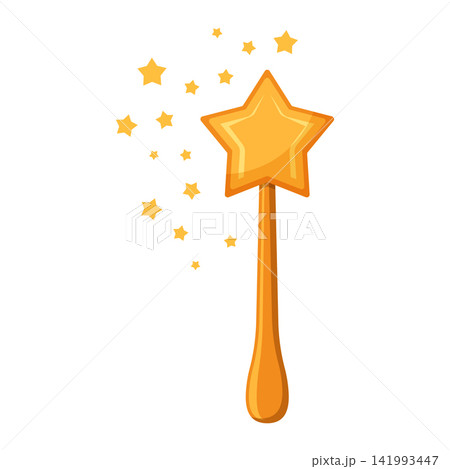 Magic wand icon in flat style. Fairy golden rod vector illustration on isolated background. Magician fantasy stick sign business concept. 141993447