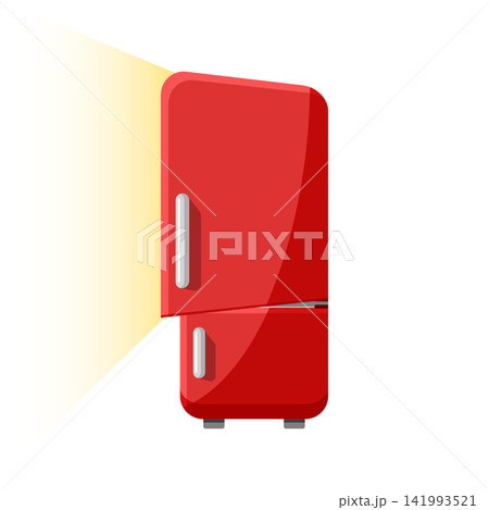 Fridge with open door icon in flat style. Refrigerator with light vector illustration on isolated background. Household appliance sign business concept. Fridge with open door icon in flat style. Refrigerator with light vector illustration on isolated background. Household appliance sign business concept. 141993521