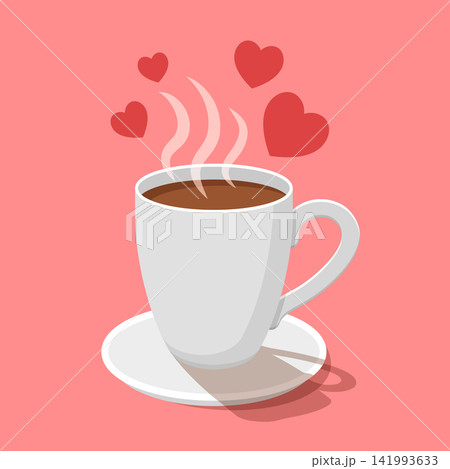 Hot drink cup with heart icon in flat style. Coffee or tea mug vector illustration on isolated background. Healthy love beverage sign business concept. 141993633