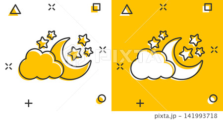 Vector cartoon moon and stars with clods icon in comic style. Nighttime concept illustration pictogram. Cloud, moon business splash effect concept. Vector cartoon moon and stars with clods icon in comic style. Nighttime concept illustration pictogram. Cloud, moon business splash effect concept. 141993718
