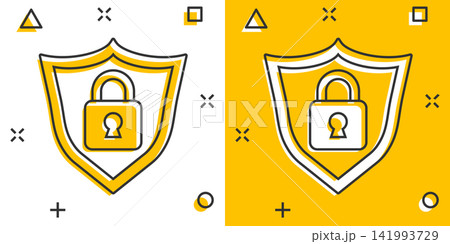 Vector cartoon lock with shield security icon in comic style. Protection illustration pictogram. Shield business splash effect concept. Vector cartoon lock with shield security icon in comic style. Protection illustration pictogram. Shield business splash effect concept. 141993729