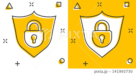 Vector cartoon lock with shield security icon in comic style. Protection illustration pictogram. Shield business splash effect concept. 141993730