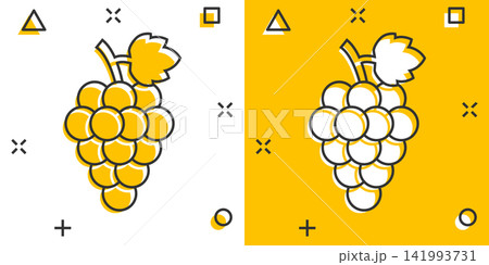 Vector cartoon grape fruit with leaf icon in comic style. Wine sign illustration pictogram. Grapevine business splash effect concept. Vector cartoon grape fruit with leaf icon in comic style. Wine sign illustration pictogram. Grapevine business splash effect concept. 141993731