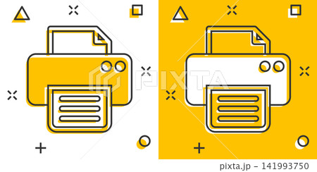 Vector cartoon printer icon in comic style. Document printing sign illustration pictogram. Printer business splash effect concept. 141993750
