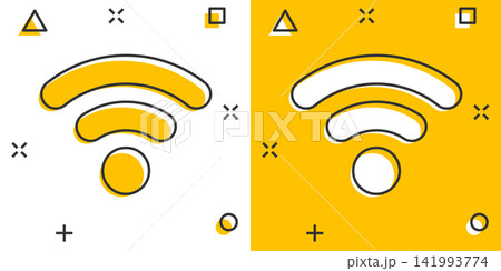 Wifi internet icon in comic style. Wi-fi wireless technology vector cartoon illustration pictogram. Network wifi business concept splash effect. Wifi internet icon in comic style. Wi-fi wireless technology vector cartoon illustration pictogram. Network wifi business concept splash effect. 141993774
