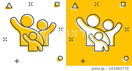 Family greeting with hand up icon in comic style. Person gesture vector cartoon illustration pictogram. People leader business concept splash effect. 141993778