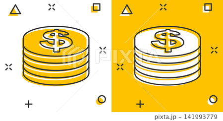 Coins stack icon in comic style. Dollar coin vector cartoon illustration pictogram. Money stacked business concept splash effect. Coins stack icon in comic style. Dollar coin vector cartoon illustration pictogram. Money stacked business concept splash effect. 141993779