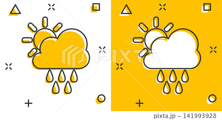 Vector cartoon weather forecast icon in comic style. Sun with clouds concept illustration pictogram. Cloud with rain business splash effect concept. Vector cartoon weather forecast icon in comic style. Sun with clouds concept illustration pictogram. Cloud with rain business splash effect concept. 141993928