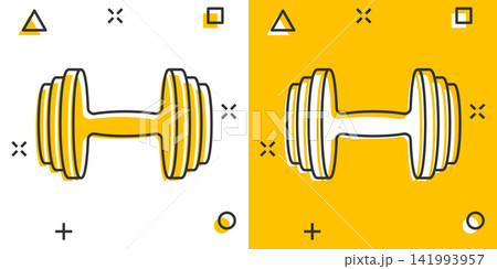 Vector cartoon dumbbell fitness gym icon in comic style. Barbell concept illustration pictogram. Bodybuilding sport business splash effect concept. 141993957