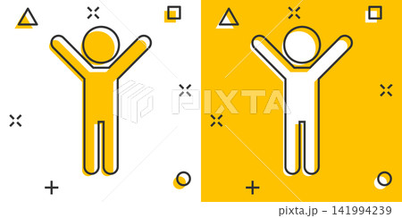 Vector cartoon happy man with hands up icon in comic style. People happy sign illustration pictogram. Man business splash effect concept. 141994239