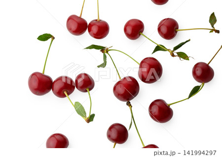 Fresh Red Cherries with Stems and Leaves Fresh Red Cherries with Stems and Leaves 141994297