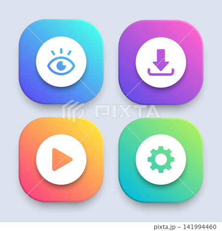 Colorful app icon collection with rounded square buttons, gradient backgrounds, white circular panels, shadows, and symbols for view, download, play, and settings Colorful app icon collection with rounded square buttons, gradient backgrounds, white circular panels, shadows, and symbols for view, download, play, and settings 141994460