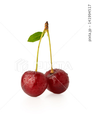 Pair of Glistening Fresh Cherries with Single Green Leaf Pair of Glistening Fresh Cherries with Single Green Leaf 141994517