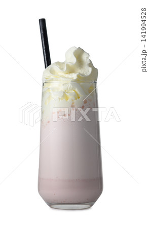 Tall glass of strawberry milkshake with whipped cream and a black straw isolated on white 141994528