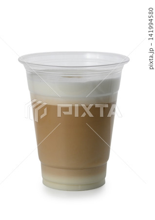 Layered Iced Latte Macchiato in a Plastic Takeaway Cup 141994580
