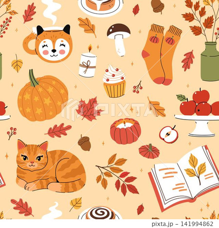 A seamless pattern with cozy autumn items and a cute cat in a loaf pose. Vector graphics 141994862
