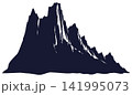Dramatic dark mountain peak silhouette with sharp rocky ridges, rugged alpine cliff formation isolated on transparent background, graphic nature illustration 141995073