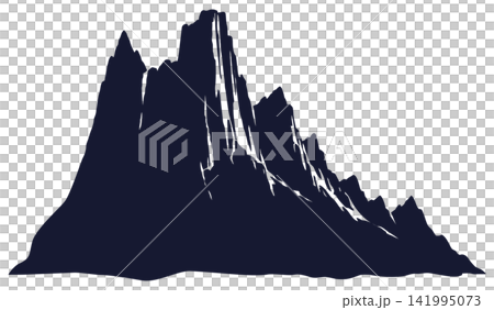 Dramatic dark mountain peak silhouette with sharp rocky ridges, rugged alpine cliff formation isolated on transparent background, graphic nature illustration 141995073