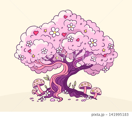 Whimsical Sakura Cherry Blossom Tree With Pink Flowers, Cute Mushrooms, Hearts, Stars, Magical Fantasy Decoration 141995183