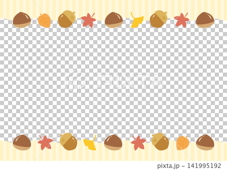 秋の紅葉した葉と栗やどんぐりのフレーム、黄色のストライプ背景 秋の紅葉した葉と栗やどんぐりのフレーム、黄色のストライプ背景 141995192