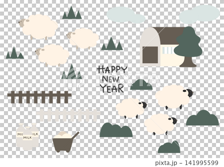A heartwarming hand-drawn sheep illustration set, perfect for New Year's cards. A heartwarming hand-drawn sheep illustration set, perfect for New Year's cards. 141995599