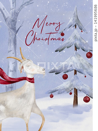 Merry Christmas trendy card features whimsical watercolor illustration of goat wearing red scarf in snowy forest. Christmas fir or pine tree adorned with red ball, snowy background Merry Christmas trendy card features whimsical watercolor illustration of goat wearing red scarf in snowy forest. Christmas fir or pine tree adorned with red ball, snowy background 141995686