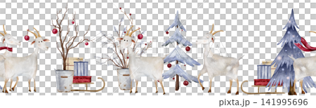 Seamless horizontal border with watercolor illustration of goats in winter holiday scene. Hand-painted animals alongside snowy pine trees, red ornaments, and wrapped gifts. Christmas frame for holiday Seamless horizontal border with watercolor illustration of goats in winter holiday scene. Hand-painted animals alongside snowy pine trees, red ornaments, and wrapped gifts. Christmas frame for holiday 141995696