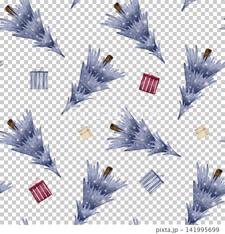 Seamless Christmas pattern with watercolor hand drawn illustrations of blue spruce trees and festive gift boxes. Winter holiday design for fabric printing, or wrapping paper. Seamless Christmas pattern with watercolor hand drawn illustrations of blue spruce trees and festive gift boxes. Winter holiday design for fabric printing, or wrapping paper. 141995699