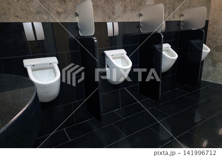 Modern Public Restroom with Wall-Mounted Urinals and Privacy Dividers for Contemporary Design 141996712