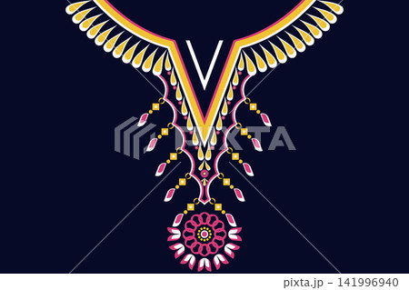 Necklace ethnic pattern. Neckline embroidery style. Ethnic collar lace oriental pattern. Neckline floral pattern design for dress, textile, fabric, clothing, fashion, print, embroidery style Necklace ethnic pattern. Neckline embroidery style. Ethnic collar lace oriental pattern. Neckline floral pattern design for dress, textile, fabric, clothing, fashion, print, embroidery style 141996940