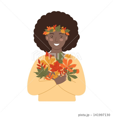 African American woman with autumn leaf wreath holding a bouquet of colorful fall foliage vector African American woman with autumn leaf wreath holding a bouquet of colorful fall foliage vector 141997130
