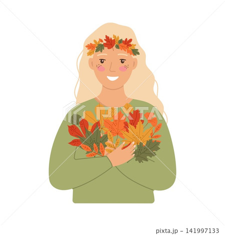 Blonde woman with autumn leaf wreath holding a bouquet of colorful fall foliage vector illustration Blonde woman with autumn leaf wreath holding a bouquet of colorful fall foliage vector illustration 141997133