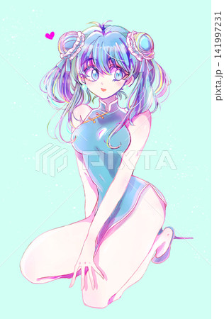 チャイナ服のお団子ツインテールの女性 水色 チャイナ服のお団子ツインテールの女性 水色 141997231