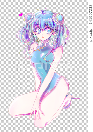 A woman in a Chinese dress with her hair in twin buns, light blue. A woman in a Chinese dress with her hair in twin buns, light blue. 141997232