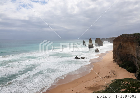 Twelve Apostles Rock Formations and Sandy Beach on Great Ocean Road Twelve Apostles Rock Formations and Sandy Beach on Great Ocean Road 141997603